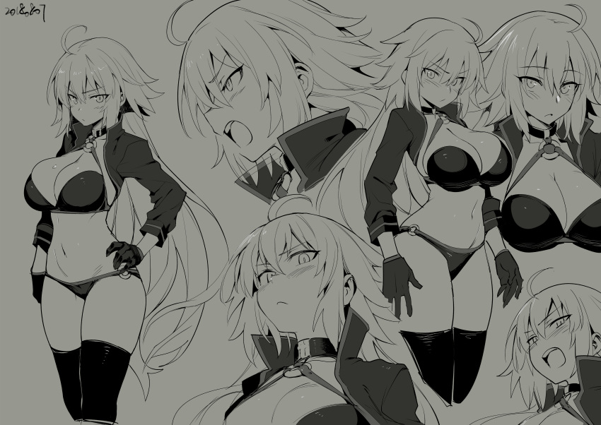 1girl absurdres ahoge bangs bikini black_bikini black_jacket blush breasts choker cleavage closed_mouth cropped_jacket fate/grand_order fate_(series) gloves grey_background hand_on_hip highres huge_breasts jacket jeanne_d'arc_(alter_swimsuit_berserker) jeanne_d'arc_(fate)_(all) lineart long_hair looking_at_viewer multiple_views o-ring o-ring_bikini open_mouth shrug_(clothing) simple_background swimsuit thighhighs thighs try very_long_hair