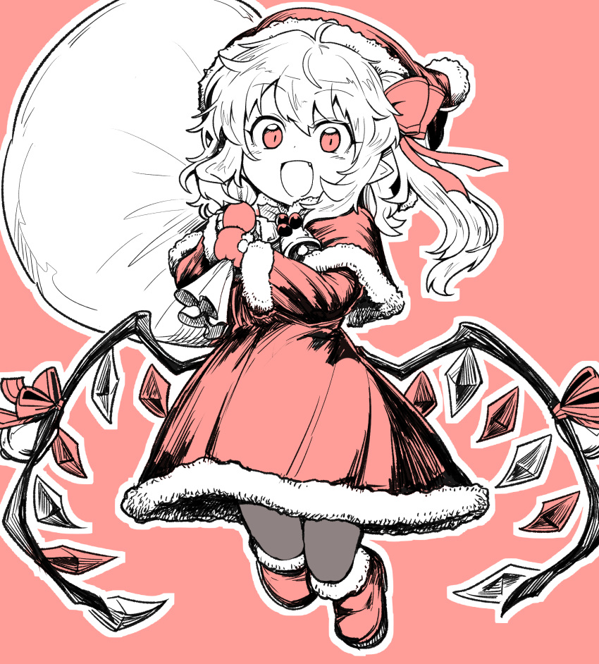 1girl absurdres alternate_costume alternate_headwear bangs bell boots bow capelet carrying christmas_ornaments commentary fang flandre_scarlet fur-trimmed_boots fur-trimmed_capelet fur-trimmed_dress fur-trimmed_gloves fur-trimmed_hat fur-trimmed_sleeves fur_trim gift_bag gloves hair_between_eyes hair_bow hands_up happy hat highres holding holding_sack jumping oninamako open_mouth outline partially_colored pink_background pink_bow pink_ribbon pink_santa_costume pointy_ears red_capelet red_eyes red_footwear red_headwear ribbon sack santa_boots santa_costume santa_gloves santa_hat short_hair_with_long_locks slit_pupils solo touhou wing_ribbon