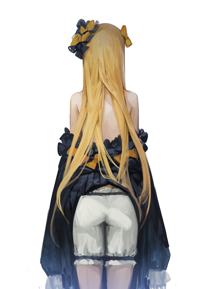 1girl abigail_williams_(fate/grand_order) absurdres ass bare_back bare_shoulders blonde_hair bloomers bow dokshuri dress facing_away fate/grand_order fate_(series) feet_out_of_frame from_behind hair_bow highres long_hair off_shoulder orange_bow simple_background sleeves_past_wrists solo standing topless underwear very_long_hair white_background white_bloomers