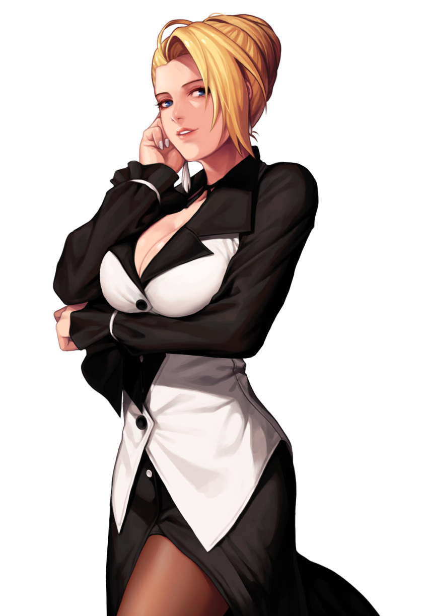 1girl bangs black_dress blonde_hair blue_eyes breasts buttons choker cleavage commentary_request dress earrings evilgun fingernails hair_bun hand_up highres jewelry lips long_sleeves looking_at_viewer mature_(kof) medium_breasts nail_polish pantyhose parted_bangs parted_lips shiny shiny_hair shiny_skin smile snk solo the_king_of_fighters tied_hair white_nails