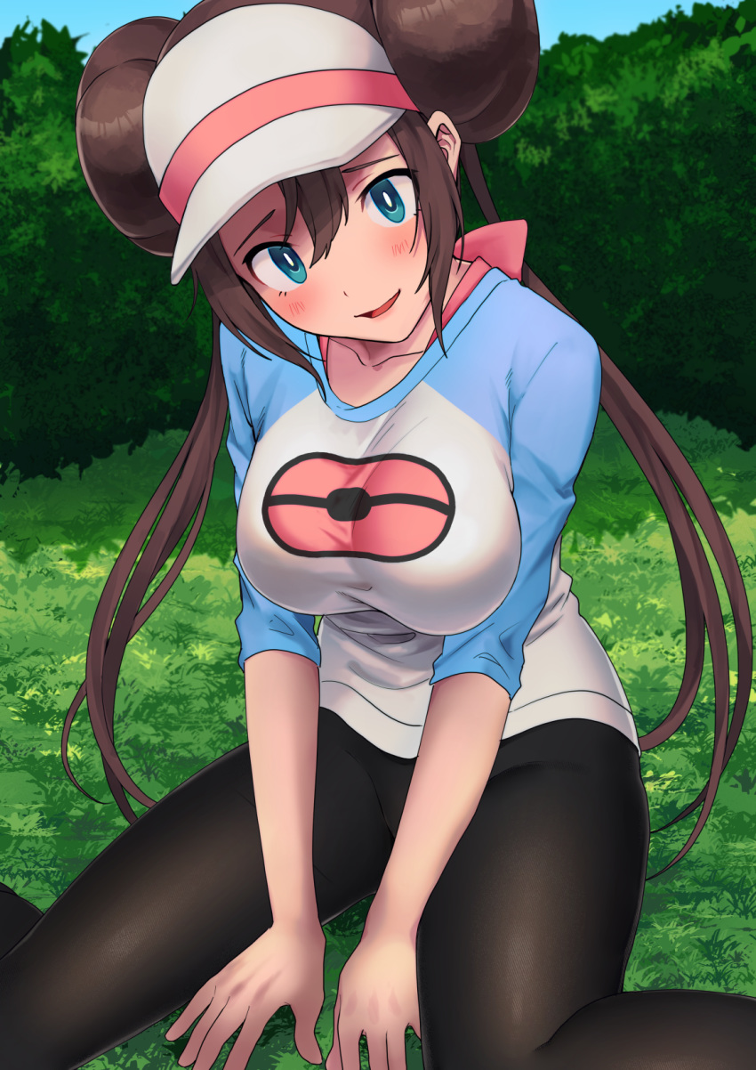 1girl aihara_(buta_no_kakuni) black_legwear blue_eyes blush breasts brown_hair bush double_bun grass highres large_breasts looking_at_viewer low_twintails mei_(pokemon) open_mouth outdoors pantyhose pokemon pokemon_(game) pokemon_bw2 seiza shrit sitting smile solo twintails visor_cap