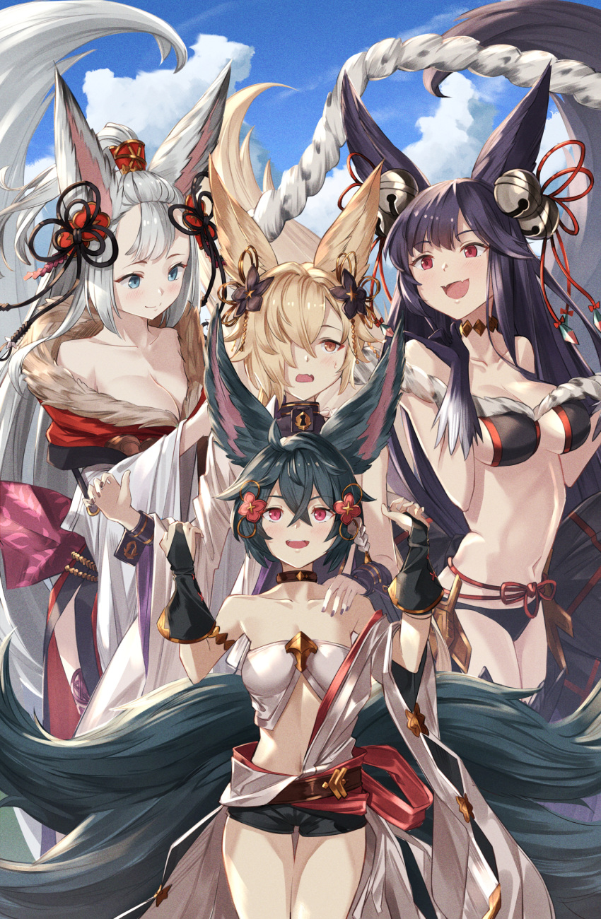 1boy 3girls animal_ears bangs bare_shoulders bell belt bikini black_bikini black_gloves black_hair blonde_hair blue_eyes blue_sky blush breasts bridal_gauntlets brown_eyes cleavage collar collarbone erune fox_boy fox_ears fox_girl fox_tail fur fur_trim gloves granblue_fantasy green_hair hair_bell hair_ornament hair_over_one_eye highres japanese_clothes jingle_bell kimono kou_(granblue_fantasy) large_breasts long_hair medium_breasts monyu_(monyupop) multiple_girls multiple_tails navel off_shoulder open_mouth ponytail red_eyes rope short_shorts shorts silver_hair sky smile socie_(granblue_fantasy) swimsuit tail thighs white_kimono wide_sleeves wrist_cuffs you_(granblue_fantasy) yuel_(granblue_fantasy)