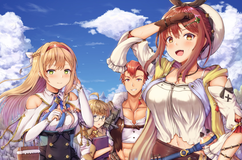 2boys 2girls ahoge atelier_(series) atelier_ryza bangs bare_shoulders belt blonde_hair blue_eyes blush braid breasts brown_eyes brown_hair buranketo_2 cleavage cloud day elbow_gloves glasses gloves green_eyes hair_ornament hairband hairclip hat highres jewelry klaudia_valentz large_breasts lent_marslink long_hair looking_at_viewer multiple_boys multiple_girls navel necklace open_mouth partly_fingerless_gloves red_hair red_shorts reisalin_stout short_hair short_shorts shorts sky smile star tao_mongarten white_headwear