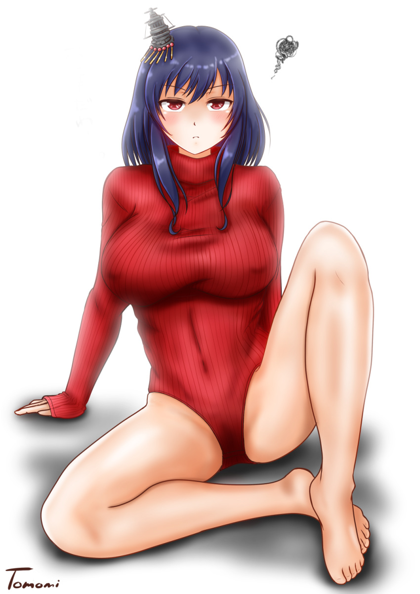 1girl alternate_costume barefoot black_hair blush breasts covered_navel covered_nipples hair_ornament highres kantai_collection large_breasts leotard light_frown looking_at_viewer red_eyes red_leotard ribbed_leotard ribbed_sweater short_hair sidelocks signature sitting sleeves_past_wrists solo sweater thighs turtleneck_leotard uratomomin white_background yamashiro_(kantai_collection)