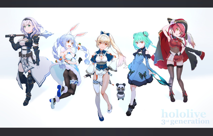 5girls aqua_hair black_legwear blonde_hair boots double_bun dress highres hololive houshou_marine keith8387 legs long_hair multiple_girls pantyhose pink_hair ponytail purple_hair shiranui_flare shirogane_noel shoes short_hair thighhighs twintails uruha_rushia usada_pekora