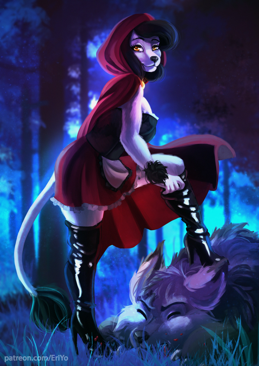 2019 5_fingers absurd_res ambiguous_gender anthro better_version_at_source boots canid canine canis clothing digital_media_(artwork) domestic_dog dress duo eri-yo eyes_closed female fingers footwear fur grass grey_body grey_fur hi_res high_heels legwear little_red_riding_hood little_red_riding_hood_(copyright) looking_at_viewer mammal outside shoes text thigh_boots thigh_highs url wolf