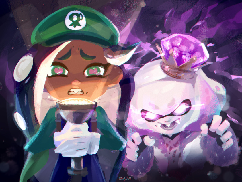 2019 4:3 animal_humanoid beauty_mark cephalopod cephalopod_humanoid clothing cosplay crown dark_skin duo fangs female flashlight gloves glowing glowing_eyes handwear hat headgear headwear hi_res humanoid inkling king_boo luigi marina_(splatoon) marine marine_humanoid mario_bros mollusk mollusk_humanoid nintendo octarian octoling off_the_hook_(splatoon) open_mouth parody pearl_(splatoon) pseudo_hair signature splatoon stupjam teeth tentacle_hair tentacles video_games