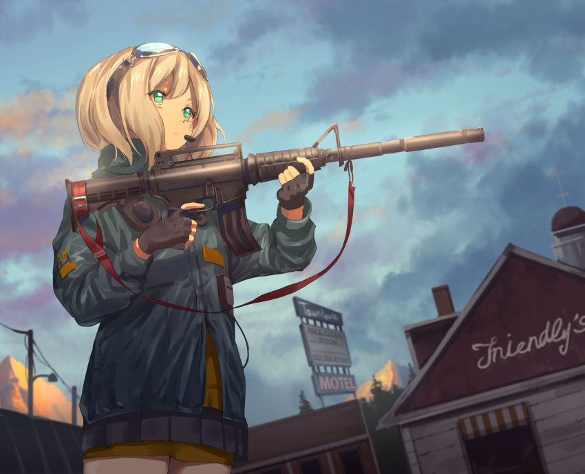 1girl alternate_universe aoba_moca assault_rifle bang_dream! bangs black_gloves black_skirt blurry blurry_background building closed_mouth clothes_writing cloud cloudy_sky commentary_request cowboy_shot depth_of_field fingerless_gloves from_below gloves goggles goggles_on_head green_eyes grey_hair grey_jacket gun headset highres holding holding_gun holding_weapon jacket long_sleeves m4_carbine military_jacket miniskirt mountain nogi_momoko pleated_skirt power_lines rifle shirt shirt_under_jacket short_hair sign skirt sky sleeve_cuffs solo strap tree turtleneck weapon yellow_shirt