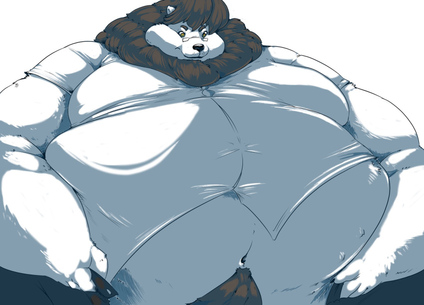anthro belly big_belly chubby_cheeks clothed clothing eyewear felid fur glasses hi_res lion male mammal mane moobs morbidly_obese navel obese obese_male overweight overweight_male pantherine saintdraconis solo straining_buttons tight_clothing white_body white_fur wide_hips
