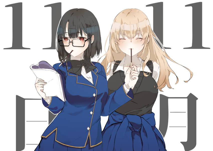 2girls atago_(kantai_collection) black_hair blonde_hair blush breasts closed_mouth dated food glasses hair_ornament kantai_collection large_breasts long_hair looking_at_viewer military military_uniform multiple_girls nello_(luminous_darkness) pocky pocky_day red_eyes semi-rimless_eyewear shirt short_hair simple_background smile takao_(kantai_collection) uniform vest white_background white_shirt