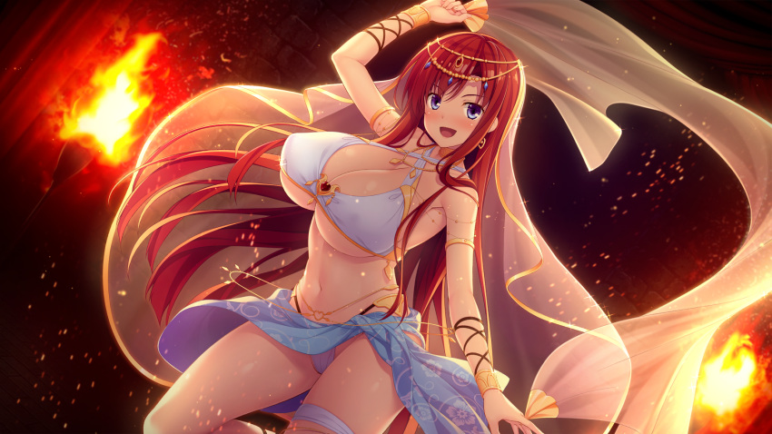 blue_eyes blush breasts choker cleavage elda_hylitte fire game_cg garter hinata_nao long_hair moonstone_cherry navel necklace red_hair sex_open_world_e_youkoso! wristwear