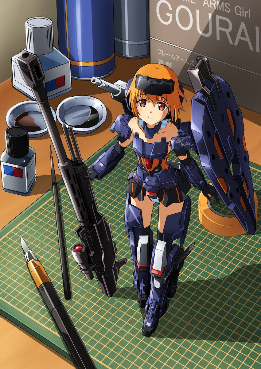 1girl absurdres alternate_color bare_shoulders black_gloves black_legwear brush collarbone commentary_request cutting_mat elbow_gloves frame_arms_girl gloves gourai gun headgear highres hobby_knife kumichou_(ef65-1118-ef81-95) leotard light_smile looking_at_viewer masking_tape mecha_musume microskirt minigirl orange_hair paint red_eyes rifle short_hair shoulder_cannon skirt solo strapless strapless_leotard thighhighs weapon