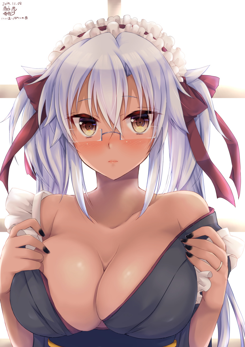 0yukiya0 1girl absurdres black_nails blush breasts breasts_day brown_eyes cleavage closed_mouth collarbone dark_skin dated eyebrows_visible_through_hair glasses hair_ribbon headdress highres jewelry kantai_collection large_breasts looking_at_viewer mechanical_pencil musashi_(kantai_collection) pencil red_ribbon ribbon ring simple_background solo undressing upper_body wa_maid wedding_band white_background