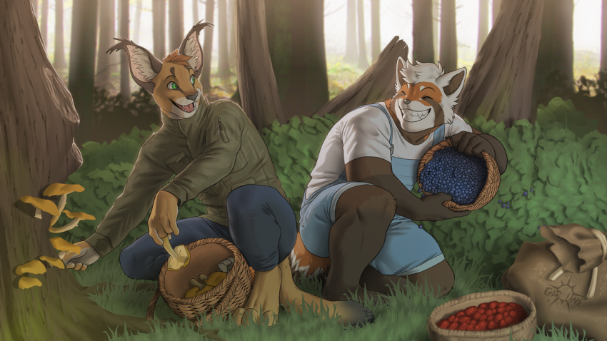 2019 4_toes 5_fingers ailurid anthro brown_hair caracal caracal_(genus) clothed clothing day detailed_background digital_media_(artwork) duo felid feline fingers forest grass green_eyes hair kero_tzuki male mammal open_mouth outside red_panda smile teeth toes tongue tree