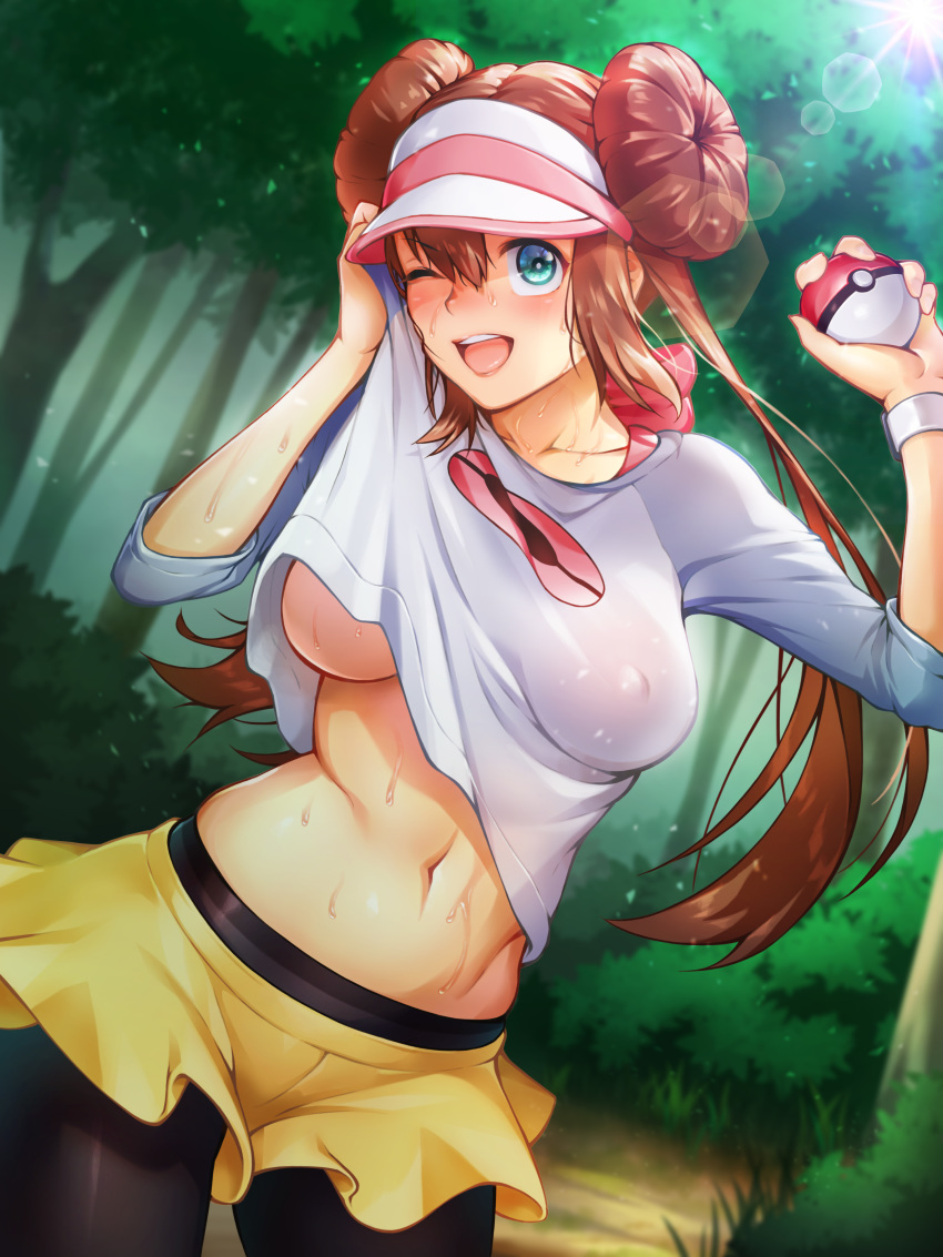 1girl ;d absurdres aqua_eyes black_legwear blue_shirt blush breasts brown_hair collarbone covered_nipples cowboy_shot day double_bun dutch_angle highres holding holding_poke_ball large_breasts legwear_under_shorts lens_flare lifted_by_self long_hair looking_at_viewer mei_(pokemon) navel no_bra one_eye_closed open_mouth outdoors pantyhose poke_ball poke_ball_(generic) pokemon pokemon_(game) pokemon_bw2 raglan_sleeves revision shirt shirt_lift short_shorts shorts sidelocks smile solo stomach sun sweat tlstjseh100 tree twintails underboob upper_teeth visor_cap white_headwear white_shirt wiping wiping_face yellow_shorts