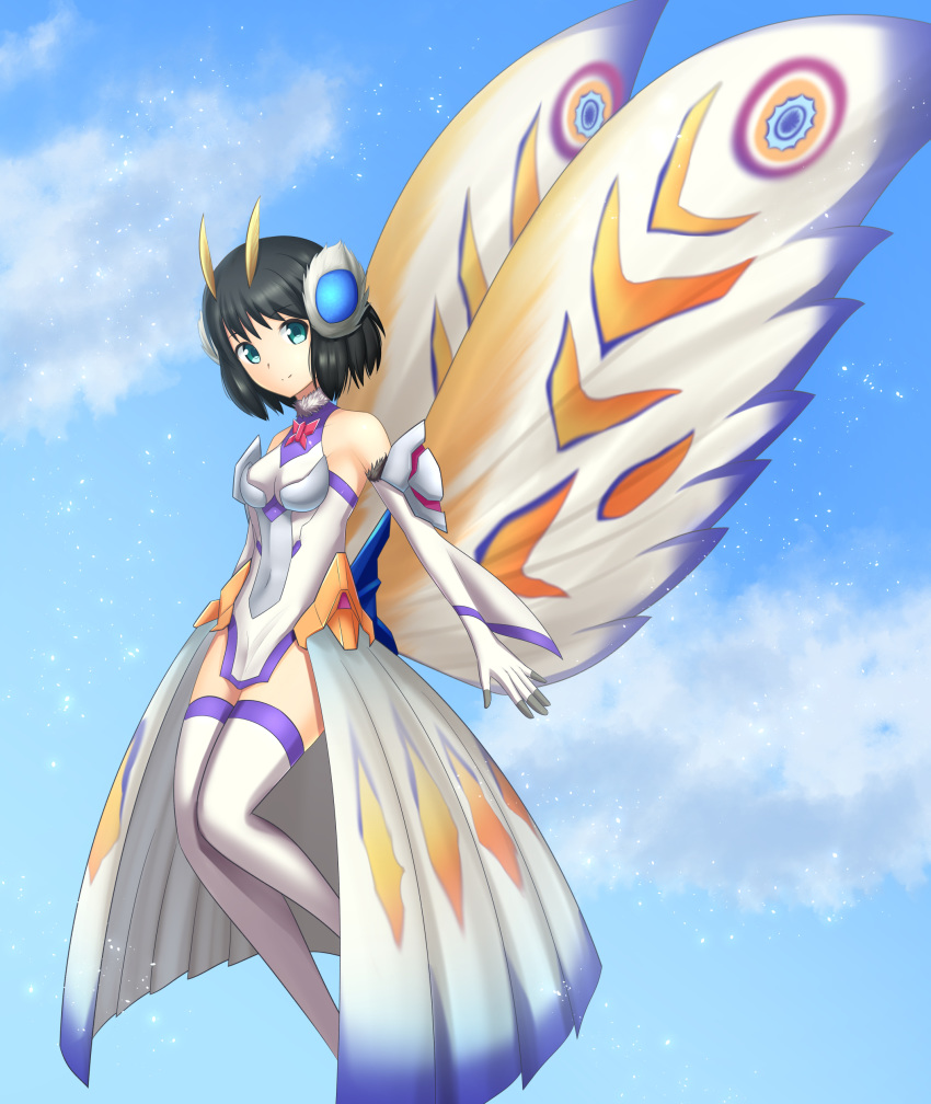 1girl absurdres antennae armor black_hair blue_eyes blue_sky breasts bug claws cloud commentary crossover eternal_mothra godzilla_(series) green_eyes highres insect insect_wings kohinata_miku kusunotaiboku large_wings medium_breasts monster moth moth_girl moth_wings mothra senki_zesshou_symphogear senki_zesshou_symphogear_xd_unlimited short_hair sky smile symphogear_pendant wings x-drive_(symphogear)