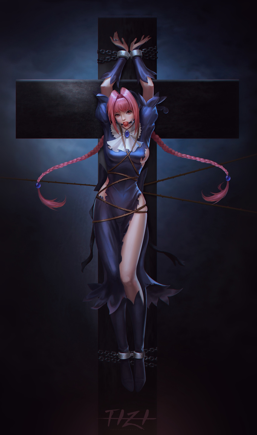 1girl absurdres ball_gag bdsm bondage bound braid breasts chain cuffs dorothy gag gagged highres long_hair looking_at_viewer marchen_awakens_romance pink_eyes pink_hair sideboob solo torn_clothes twin_braids yuuyuucaneat