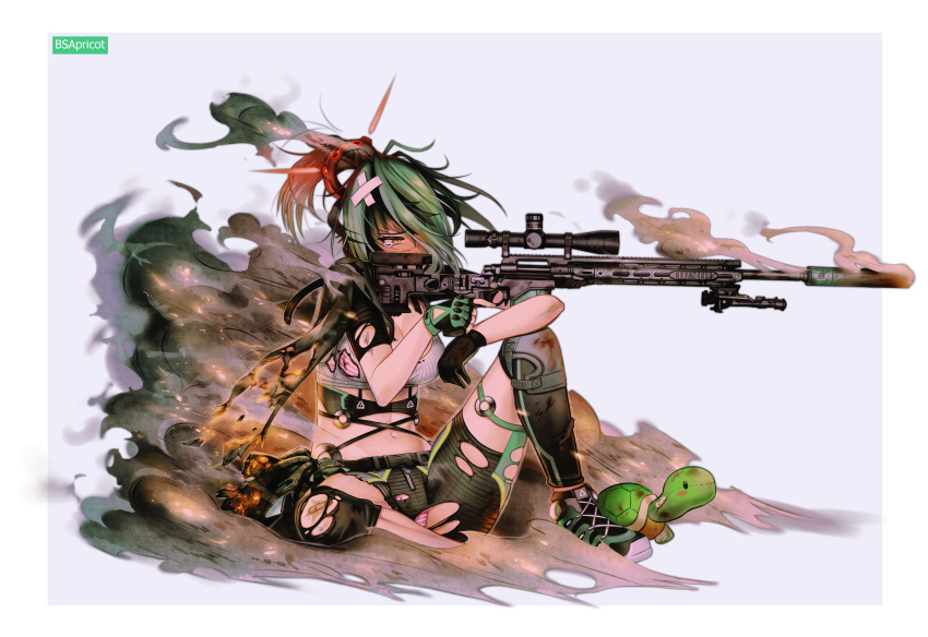 1girl absurdres bandaid bandaid_on_knee bangs blush bra breasts brown_eyes cleavage crossed_bandaids danielle_brindle fingerless_gloves full_body girls_frontline gloves glowing green_footwear green_gloves green_hair green_shorts gun hair_over_one_eye highres holding holding_gun holding_weapon knee_pads knee_up medium_breasts multicolored_hair navel nose_blush original panties ponytail purple_background rifle shoes short_shorts short_sleeves shorts shrug_(clothing) sitting slit_pupils smoke sniper_rifle sniper_scope solo striped striped_bra striped_panties stuffed_animal stuffed_toy stuffed_turtle suppressor tears torn_clothes torn_shorts trigger_discipline two-tone_background two-tone_hair underwear weapon white_background xm2010
