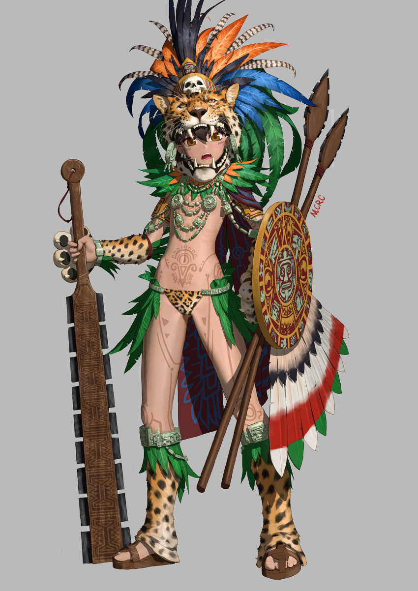 1girl animal_print animal_skin_hat aztec black_hair bracelet brown_eyes dark_skin earrings fangs feathers flat_chest full_body grey_background hair_between_eyes highres holding holding_weapon jewelry looking_at_viewer macuahuitl mcrc_science navel necklace original panties polearm revealing_clothes sandals shield signature simple_background skull solo spear standing stomach tattoo topless tribal tribal_tattoo underwear weapon