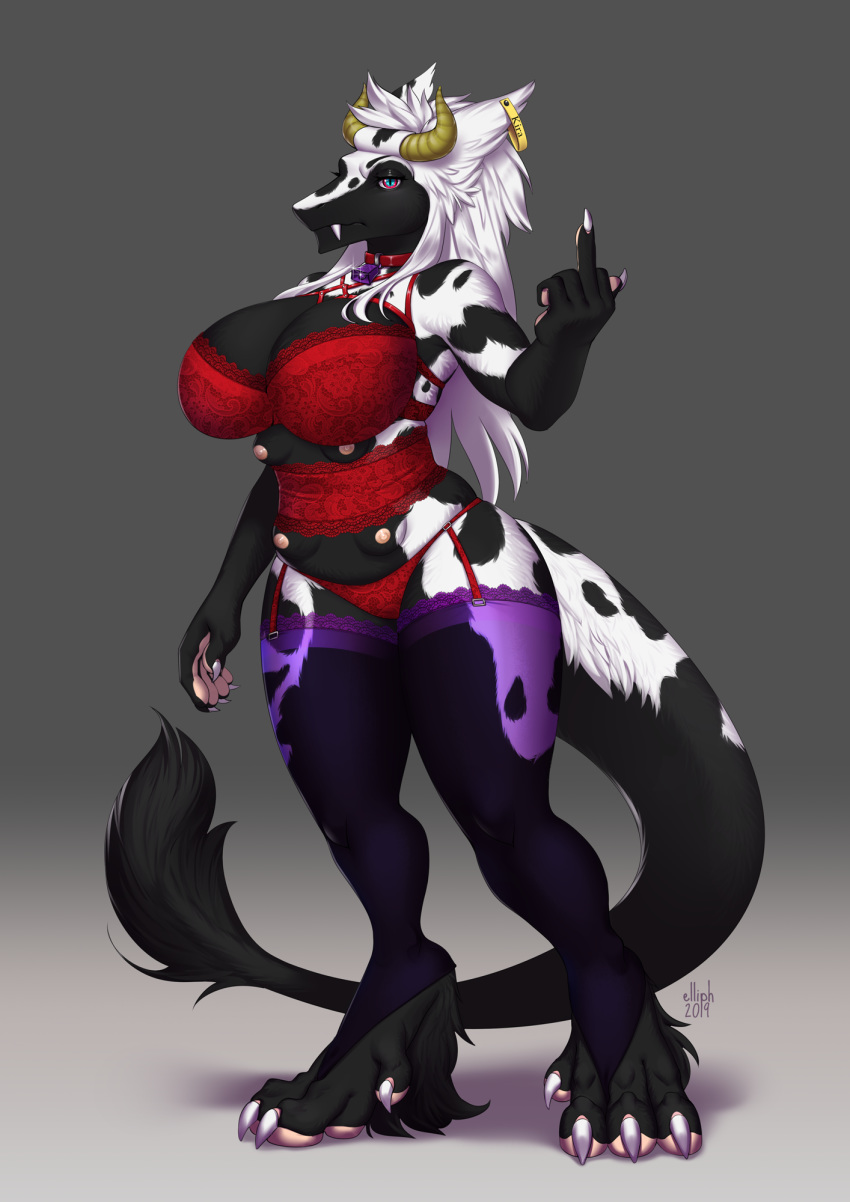 bovid bovine breasts cattle claws clothing deerstail ear_tag fangs female furgonomics gesture hi_res horn lingerie mammal middle_finger multi_breast nipples paws sergal solo