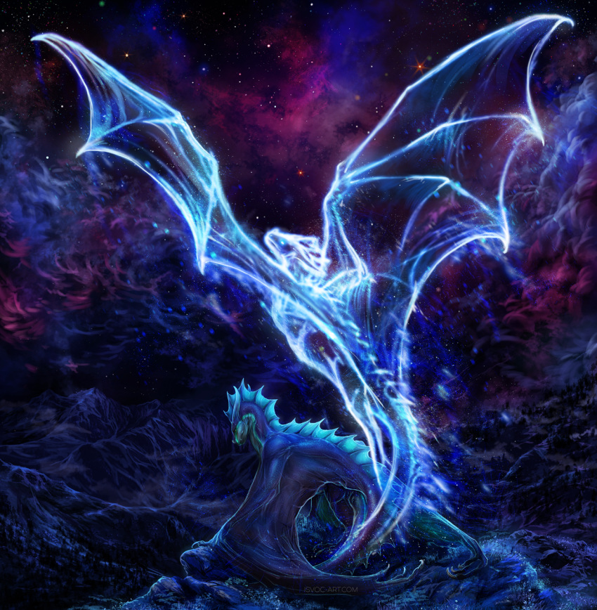 2019 detailed_background digital_media_(artwork) dragon feral grass hi_res horn isvoc membrane_(anatomy) membranous_wings moss night outside sky spines spirit standing star starry_sky wings wyvern