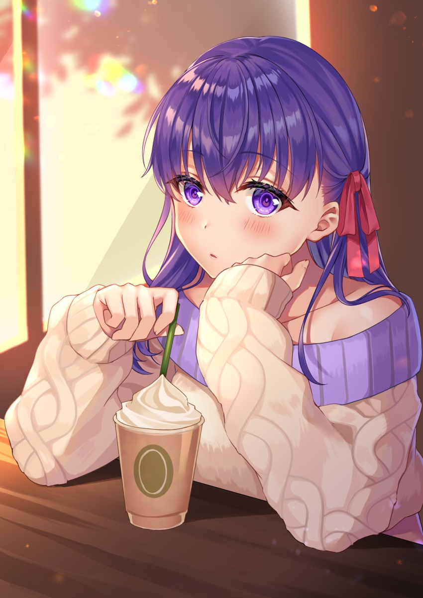 1girl :o bangs brand_name_imitation cup disposable_cup drinking_straw fate/stay_night fate_(series) hair_ribbon head_rest heaven's_feel highres hizuki_higure long_hair long_sleeves looking_at_viewer matou_sakura off-shoulder_sweater off_shoulder purple_eyes purple_hair red_ribbon ribbon sleeves_past_wrists solo sweater upper_body whipped_cream
