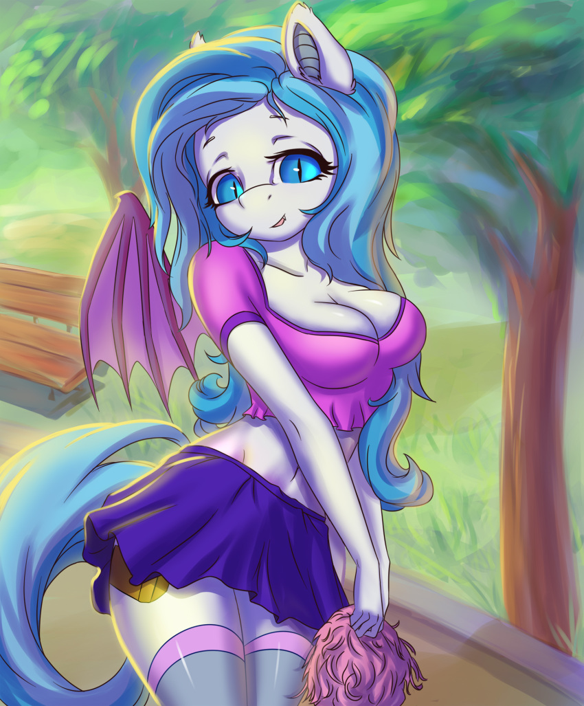anthro bat_pony bottomwear breasts clothing equid equine fafecalus fangs female hair hi_res horse kneesocks legwear mammal multicolored_hair my_little_pony pony skirt solo wings