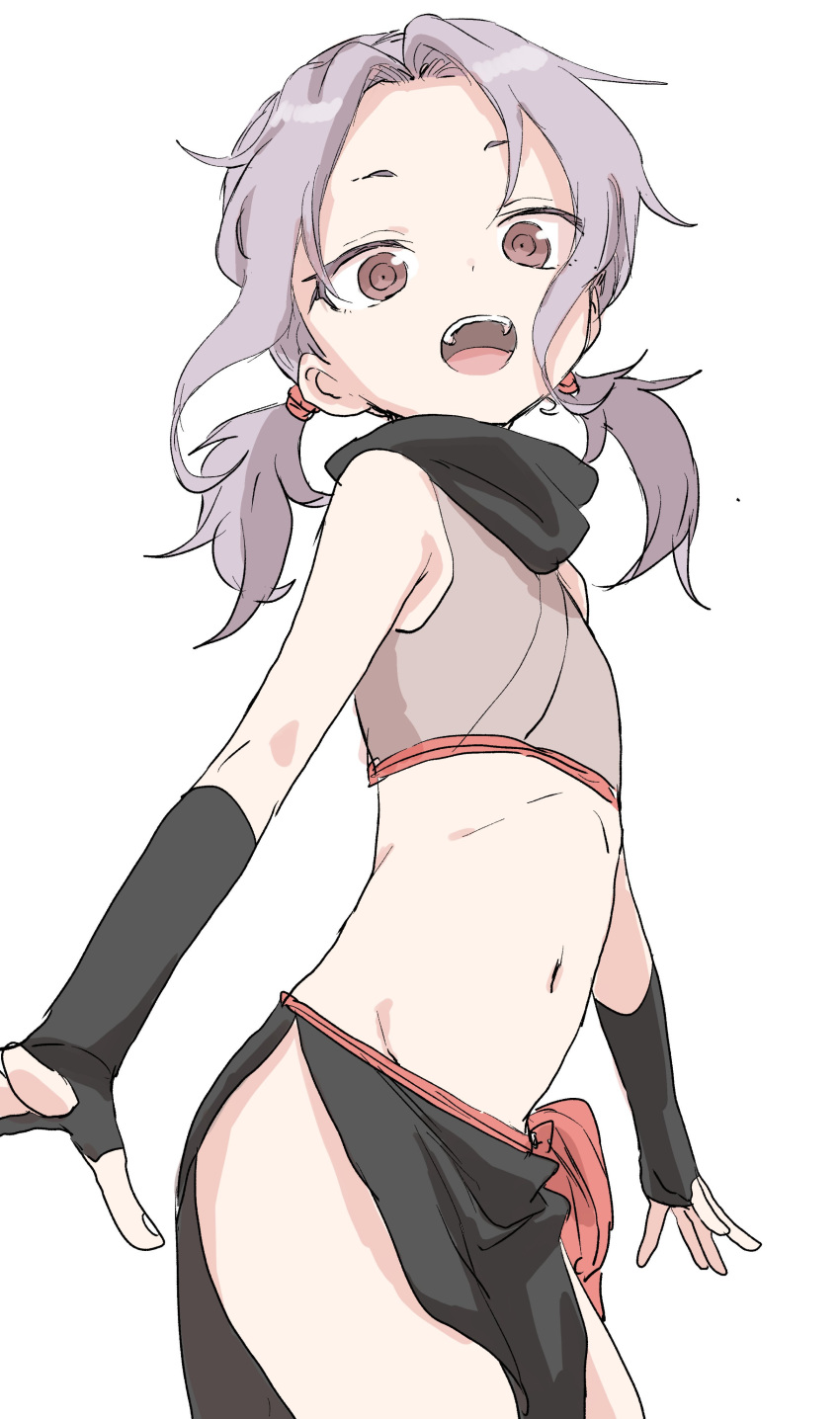 1girl absurdres bangs bare_shoulders black_gloves black_scarf brown_eyes commentary_request fingerless_gloves forehead gloves groin highres kunoichi_tsubaki_no_mune_no_uchi long_hair looking_at_viewer navel ninja official_art open_mouth parted_bangs purple_hair sazanka_(kunoichi_tsubaki_no_mune_no_uchi) scarf simple_background sleeveless solo stomach twintails upper_teeth white_background yamamoto_souichirou