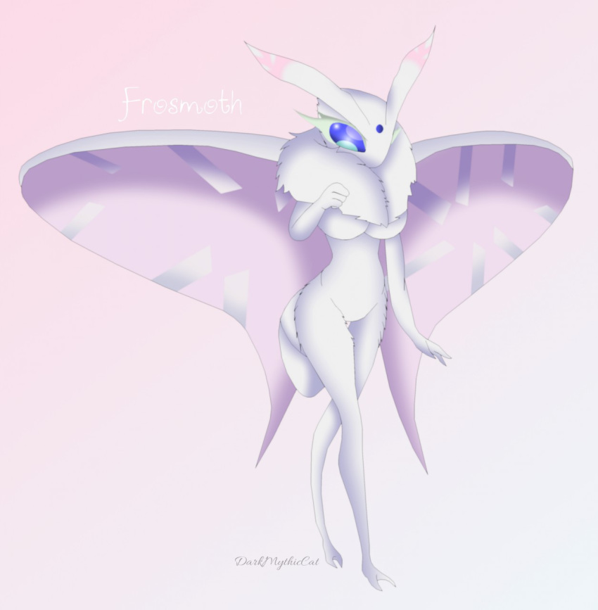 2019 2_toes 3_fingers antennae_(anatomy) anthro anthrofied arthropod arthropod_abdomen big_breasts biped blue_eyes breasts cool_colors darkmythiccat dewlap_(anatomy) digital_drawing_(artwork) digital_media_(artwork) dipstick_antennae english_text eyelashes featureless_breasts featureless_crotch female fingers fist forehead_gem frosmoth full-length_portrait fur hi_res huge_breasts insect lepidopteran lepidopteran_wings light_theme long_eyelashes multicolored_antennae multicolored_wings nintendo non-mammal_breasts nude pink_antennae pink_background pink_wings pok&eacute;mon pok&eacute;morph portrait purple_wings signature simple_background solo species_name standing text thick_eyelashes toes two_tone_antennae unknown_pok&eacute;mon video_games white_abdomen white_antennae white_body white_fur white_wings wings