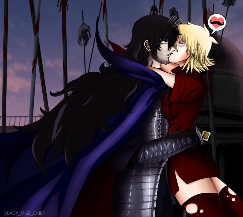 alucard_(hellsing) black_hair blonde_hair blood couple dracula facial_hair fangs hellsing hellsing:_the_dawn highres kiss mustache seras_victoria vampire