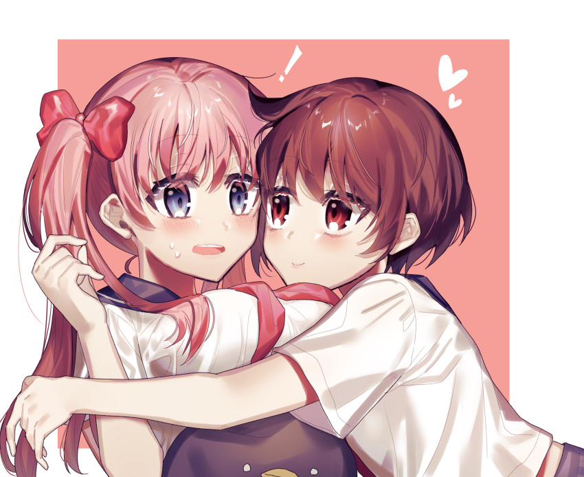 ! 2girls absurdres bangs blue_eyes blush bow breasts brown_hair commentary_request etopen hair_bow haramura_nodoka heart highres hug ichimonjikun2 kiyosumi_school_uniform large_breasts long_hair miyanaga_saki multiple_girls open_mouth pink_hair red_eyes ribbon saki school_uniform serafuku short_hair simple_background smile stuffed_animal stuffed_penguin stuffed_toy sweatdrop twintails yuri