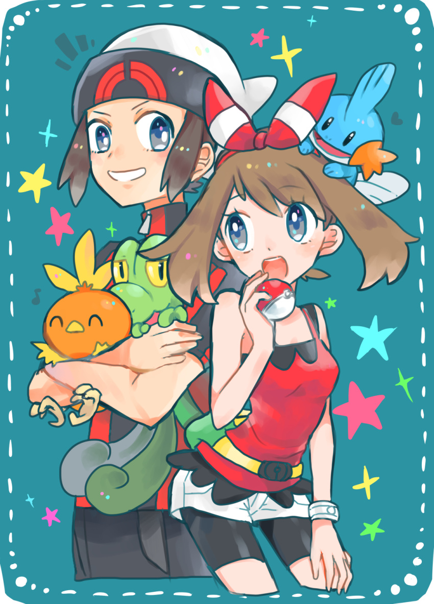 1boy 1girl bangs bare_shoulders beanie belt bike_shorts black_eyes blue_background blush bracelet breasts brown_hair closed_eyes closed_mouth cropped_legs crossed_arms eye_contact eyebrows_visible_through_hair gen_3_pokemon grey_eyes hairband hand_up happy haruka_(pokemon) hat heart highres holding holding_poke_ball jewelry looking_at_another mudkip musical_note nago_celica notice_lines open_mouth poke_ball poke_ball_(generic) pokemon pokemon_(creature) pokemon_(game) pokemon_oras red_hairband red_shirt shiny shiny_hair shirt short_hair short_shorts short_sleeves shorts simple_background sleeveless sleeveless_shirt small_breasts smile standing star teeth torchic treecko white_headwear white_shorts yellow_sclera yuuki_(pokemon) zipper_pull_tab