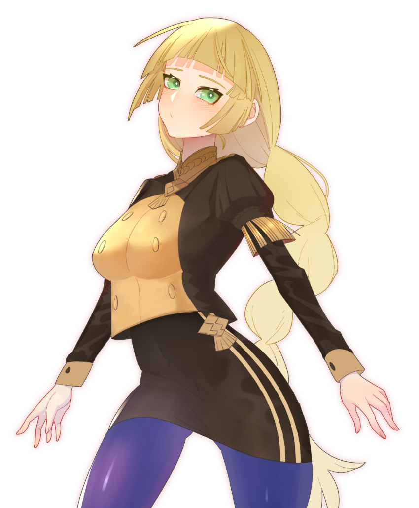 1girl absurdres blonde_hair blush braid epaulettes fire_emblem fire_emblem:_three_houses garreg_mach_monastery_uniform green_eyes highres ingrid_brandl_galatea long_hair pokeradio single_braid solo thighhighs upper_body white_background