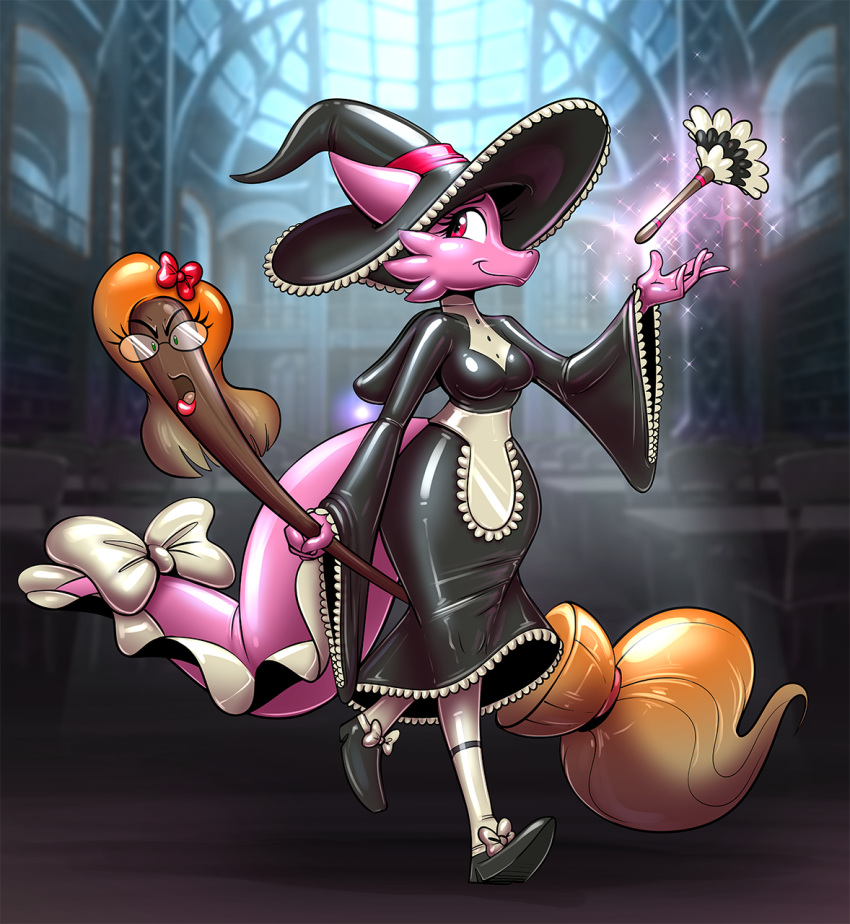 2019 angry animate_inanimate anthro breasts broom charlotte_(redflare500) clothing dragon duo eyewear feather_duster female glasses hat headgear headwear hi_res kobold magic magic_user photo_background pink_body red_eyes redflare500 ribbons rubber smile walking witch witch_hat