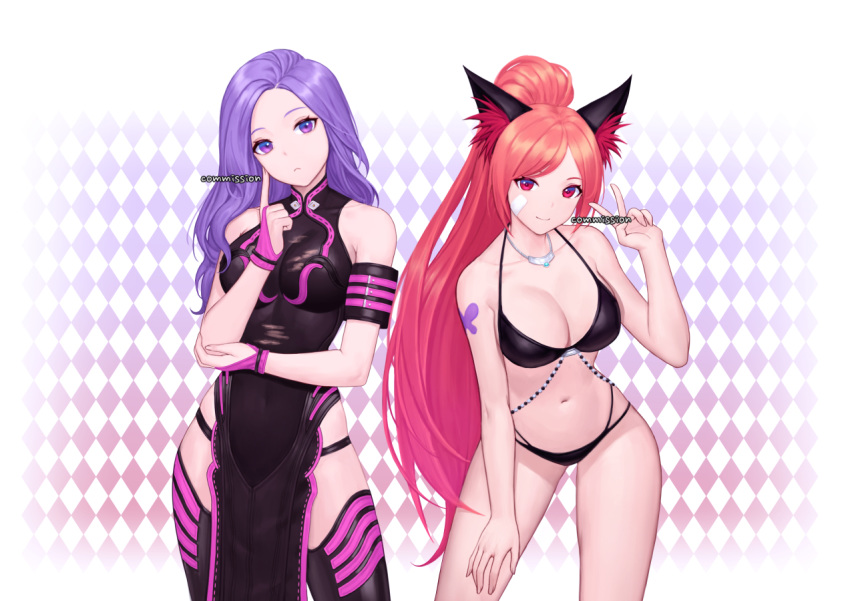 2girls animal_ear_fluff animal_ears argyle argyle_background armband bandage_on_face bare_arms bare_shoulders bikini black_bikini black_dress black_legwear blade_&amp;_soul breasts cleavage commission covered_navel cowboy_shot dress fox_ears halter_top halterneck hand_on_own_thigh hand_up head_tilt index_finger_raised jewelry large_breasts long_hair looking_at_viewer lyn_(blade_&amp;_soul) multi-strapped_bikini multiple_girls navel necklace pelvic_curtain ponytail purple_eyes purple_hair red_eyes red_hair siun sleeveless sleeveless_dress smile standing stomach swimsuit tattoo thighhighs thighs v very_long_hair