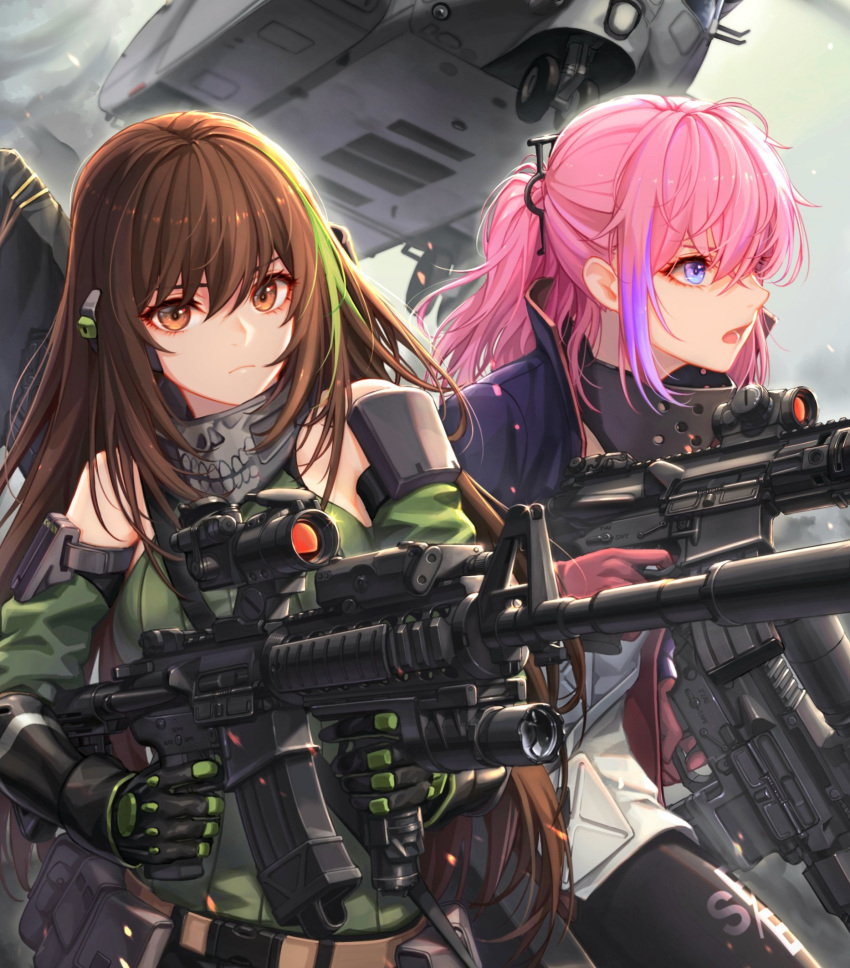 2girls aircraft ar-15 arm_strap assault_rifle asymmetrical_pants baek_hyang bangs black_gloves black_pants blue_eyes breasts brown_eyes brown_hair ch-53 city close-up closed_mouth cloud cloudy_sky commentary_request detached_sleeves dual_wielding finger_on_trigger floating_hair gas_mask girls_frontline glint gloves green_hair green_sweater gun hair_between_eyes helicopter highres holding holding_gun holding_weapon jacket long_hair looking_at_viewer m4_carbine m4a1_(girls_frontline) magazine_(weapon) mod3_(girls_frontline) multicolored_hair multiple_girls open_mouth outdoors pants pink_hair ponytail pouch ribbed_sweater rifle running sidelocks sky snap-fit_buckle st_ar-15_(girls_frontline) streaked_hair suppressor sweater sweater_vest thigh_strap weapon weapon_bag wind