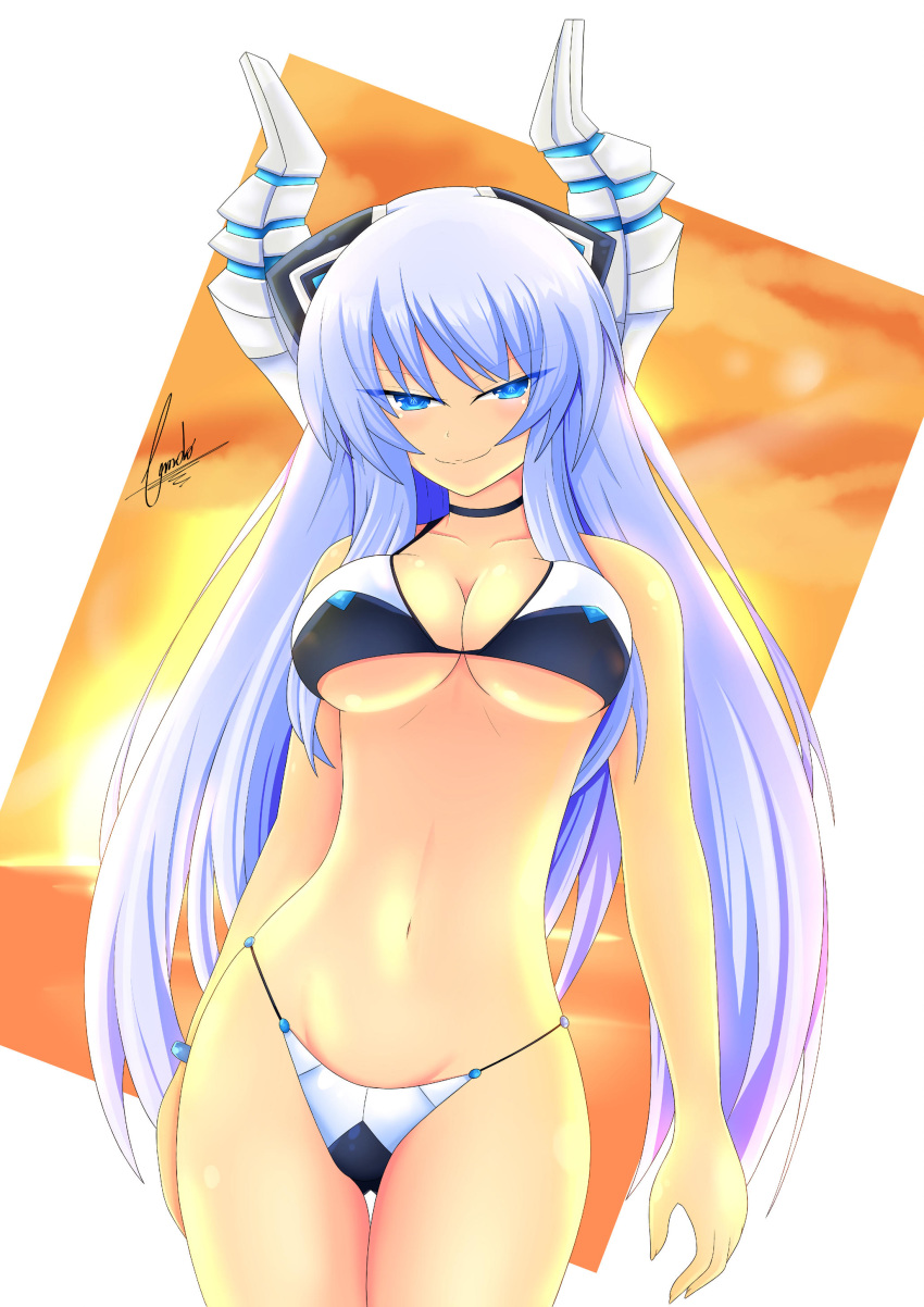 1girl absurdres bikini blue_eyes blue_hair breasts cleavage collarbone cundodeviant hair_ornament highres horn kiseijou_rei_(goddess_form) large_breasts long_hair navel neptune_(series) smile solo swimsuit transformation watermark