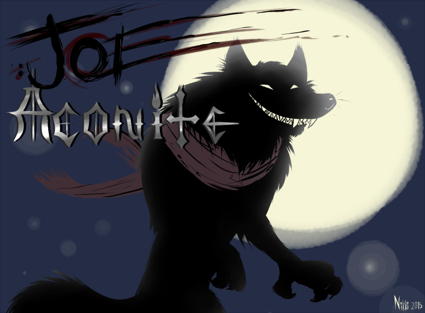 2015 black_body black_fur canid canine canis claws english_text fangs fluffy fluffy_tail fur grin hi_res joe_aconite light mammal moon moonlight outside ribnose scarf sharp_teeth sky smile standing teeth text were werecanid werecanine werewolf wolf
