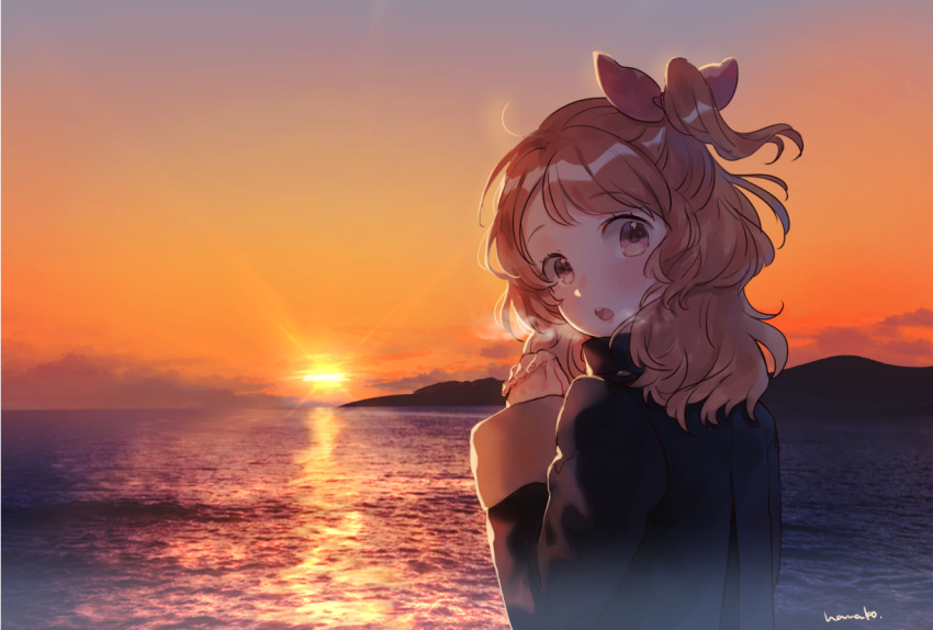 1girl :o aikatsu! aikatsu!_(series) blush bow breath brown_eyes cloud coat crescent_moon dusk eyebrows_visible_through_hair from_behind hair_bow hanako151 hill interlocked_fingers long_hair looking_at_viewer looking_back moon ocean one_side_up oozora_akari open_mouth orange_hair own_hands_together round_teeth scenery side_ponytail signature solo sunset teeth upper_body upper_teeth winter_clothes winter_coat