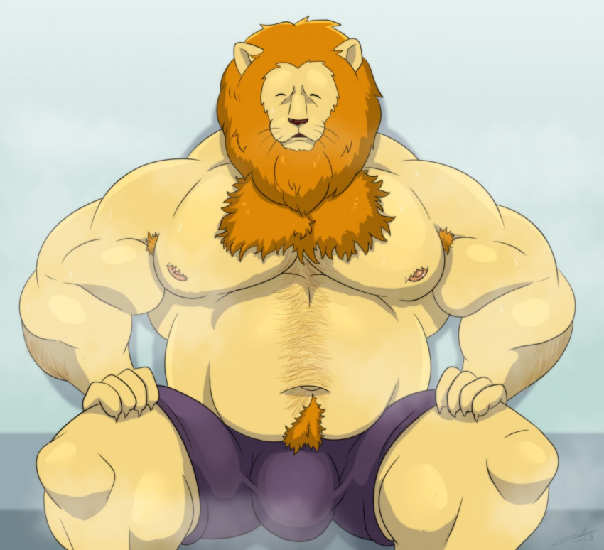 african_office_worker body_hair bulge clothed clothing felid jabuhusky lion lion_(african_office_worker) male mammal muscular pantherine slightly_chubby topless underwear