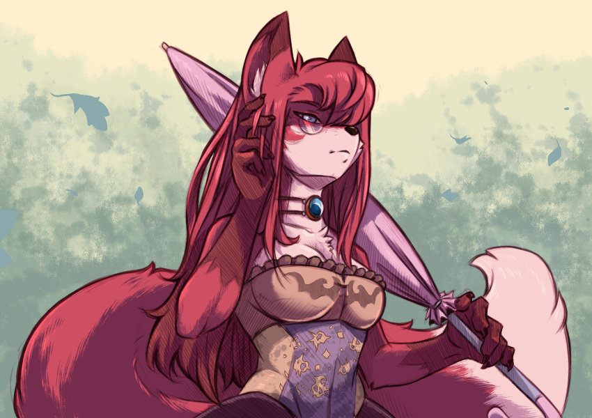 2019 anthro arm_tuft blue_eyes breasts canid canine cheek_tuft chest_tuft choker clothed clothing dipstick_ears dipstick_tail elbow_tufts face_tuft female fox gloves_(marking) green_background hair hair_over_eye hi_res holding_object inner_ear_fluff jewelry kitty_(kajortoq) leaf mammal markings multicolored_ears multicolored_tail necklace no_evil plagueofgripes simple_background solo tuft umbrella