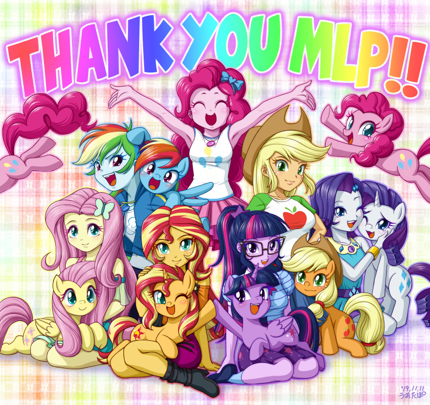 2019 5_fingers absurd_res accessory applejack_(eg) applejack_(mlp) blonde_hair blue_eyes clothed clothing cutie_mark digital_media_(artwork) earth_pony english_text equestria_girls equid equine eyelashes eyes_closed eyewear feathered_wings feathers female feral fingers fluttershy_(eg) fluttershy_(mlp) freckles friendship_is_magic glasses green_eyes group hair hair_accessory hairclip hi_res horn horse human mammal multicolored_hair multicolored_tail my_little_pony one_eye_closed open_mouth open_smile pink_hair pinkie_pie_(eg) pinkie_pie_(mlp) pony pterippus purple_eyes purple_hair rainbow_dash_(eg) rainbow_dash_(mlp) rainbow_hair rarity_(eg) rarity_(mlp) smile square_crossover sunset_shimmer_(eg) teal_eyes text twilight_sparkle_(eg) twilight_sparkle_(mlp) unicorn uotapo winged_unicorn wings wink