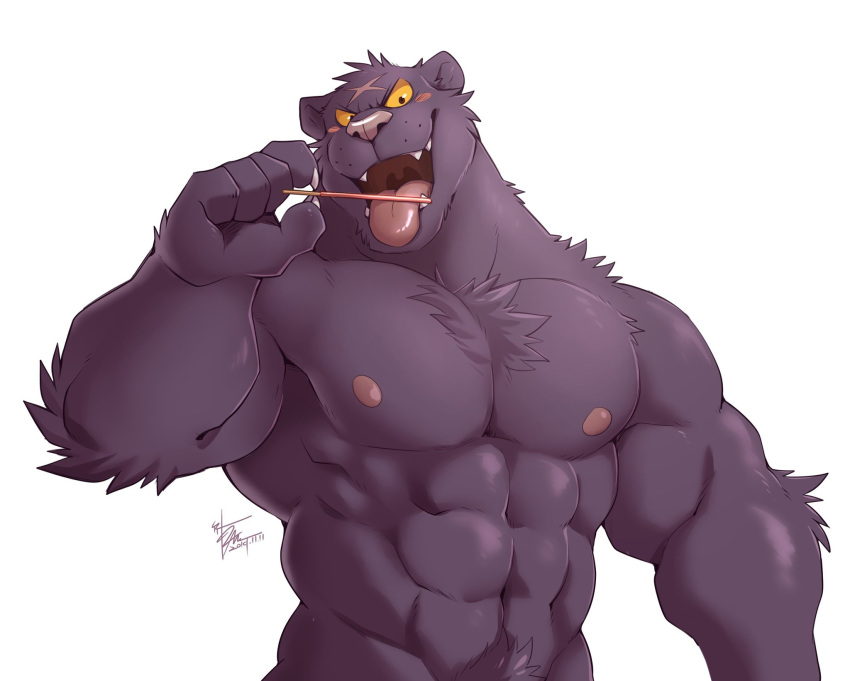 5_fingers abs anthro biceps big_muscles chest_tuft claws fangs felid fingers hi_res licking male mammal melanistic muscular muscular_male navel nipples nude open_mouth pantherine pecs pubes ray_(takemoto_arashi) scar signature simple_background solo takemoto_arashi teeth tongue tongue_out tuft yellow_sclera