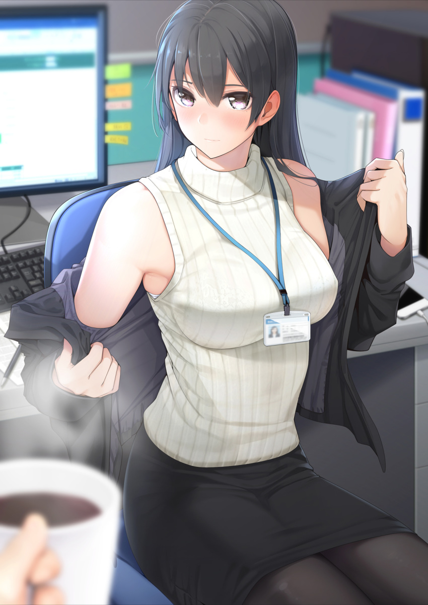 1boy 1girl bangs bare_shoulders black_hair black_jacket black_legwear black_skirt blurry blurry_background blush book breasts chair closed_mouth coffee coffee_mug cup depth_of_field giba_(out-low) highres holding holding_cup id_card indoors jacket keyboard_(computer) large_breasts light_frown long_hair long_sleeves looking_back monitor mug off_shoulder office_chair office_lady open_clothes open_jacket original pantyhose pencil_skirt pov purple_eyes sitting skirt smartphone_case solo_focus steam sweater_vest table undressing