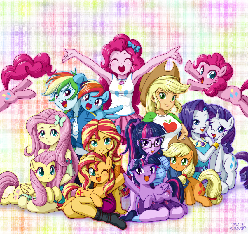 2019 5_fingers absurd_res accessory applejack_(eg) applejack_(mlp) blonde_hair blue_eyes clothed clothing cutie_mark digital_media_(artwork) earth_pony equestria_girls equid equine eyelashes eyes_closed eyewear feathered_wings feathers female feral fingers fluttershy_(eg) fluttershy_(mlp) freckles friendship_is_magic glasses green_eyes group hair hair_accessory hairclip hi_res horn horse human mammal multicolored_hair multicolored_tail my_little_pony one_eye_closed open_mouth open_smile pink_hair pinkie_pie_(eg) pinkie_pie_(mlp) pony pterippus purple_eyes purple_hair rainbow_dash_(eg) rainbow_dash_(mlp) rainbow_hair rarity_(eg) rarity_(mlp) smile square_crossover sunset_shimmer_(eg) teal_eyes twilight_sparkle_(eg) twilight_sparkle_(mlp) unicorn uotapo winged_unicorn wings wink