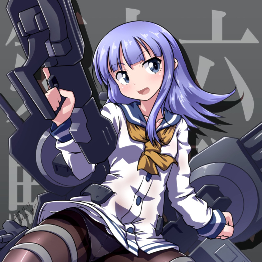 1girl 547th_sy alternate_costume background_text bangs black_legwear blue_eyes blue_hair blunt_bangs blush buttons dated dress eyebrows_visible_through_hair hatsukaze_(kantai_collection) highres holding kantai_collection long_hair long_sleeves open_mouth panties panties_under_pantyhose pantyhose rigging sailor_collar sailor_dress simple_background solo twitter_username underwear wall_of_text yellow_neckwear