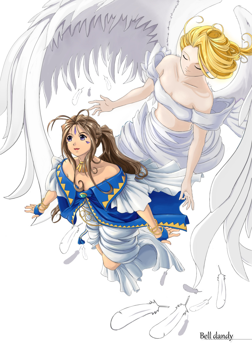 2girls aa_megami-sama absurdres angel_wings anklet antenna_hair bandeau bangle bare_back belldandy blonde_hair bracelet breasts brown_hair character_name closed_eyes duan_henglong dutch_angle feathers highres holy_bell jewelry long_hair medium_hair multiple_girls outstretched_arms purple_eyes small_breasts white_background wings