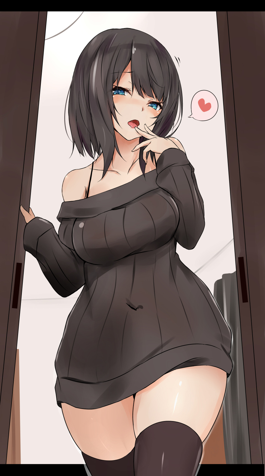 1girl absurdres black_hair black_legwear blue_eyes blush bra_strap breasts commentary_request dress finger_to_mouth from_below heart heart-shaped_pupils highres large_breasts letterboxed looking_at_viewer medium_breasts open_mouth original ribbed_dress saku_(kudrove) solo spoken_heart symbol-shaped_pupils thighhighs tongue tongue_out