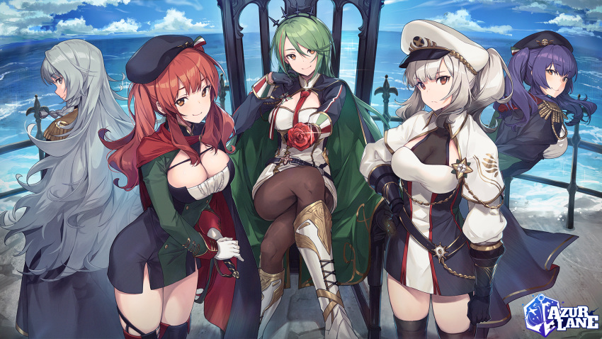 5girls azur_lane bangs beret black_gloves black_legwear blue_sky blunt_bangs blush boots breasts brown_eyes brown_legwear cape capelet cleavage closed_mouth cloud dress earrings epaulettes expressionless eyebrows_visible_through_hair floating_hair flower garter_straps gauntlets giulio_cesare_(azur_lane) gloves green_hair grey_eyes grey_hair hand_on_hip hat head_tilt highres holding italian_flag italy jewelry large_breasts leaning_forward littorio_(azur_lane) long_hair looking_at_viewer multicolored_hair multiple_girls nagu necktie official_art pantyhose pola_(azur_lane) purple_hair red_eyes red_hair red_neckwear sidelocks sitting skindentation sky smile sword thighhighs throne twintails uniform very_long_hair vittorio_veneto_(azur_lane) weapon white_footwear white_gloves zara_(azur_lane)