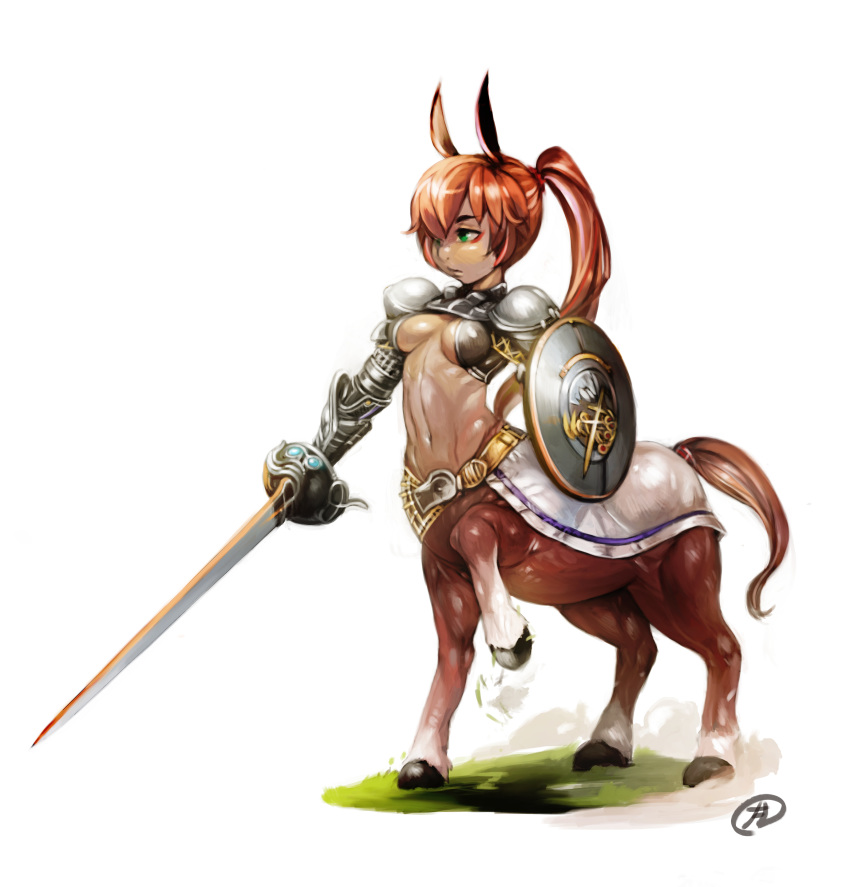 absurd_res armor breasts centaur clothed clothing equid equid_taur female filemonte green_eyes hair hi_res hooves mammal mammal_taur melee_weapon ponytail shield solo standing sword taur weapon young